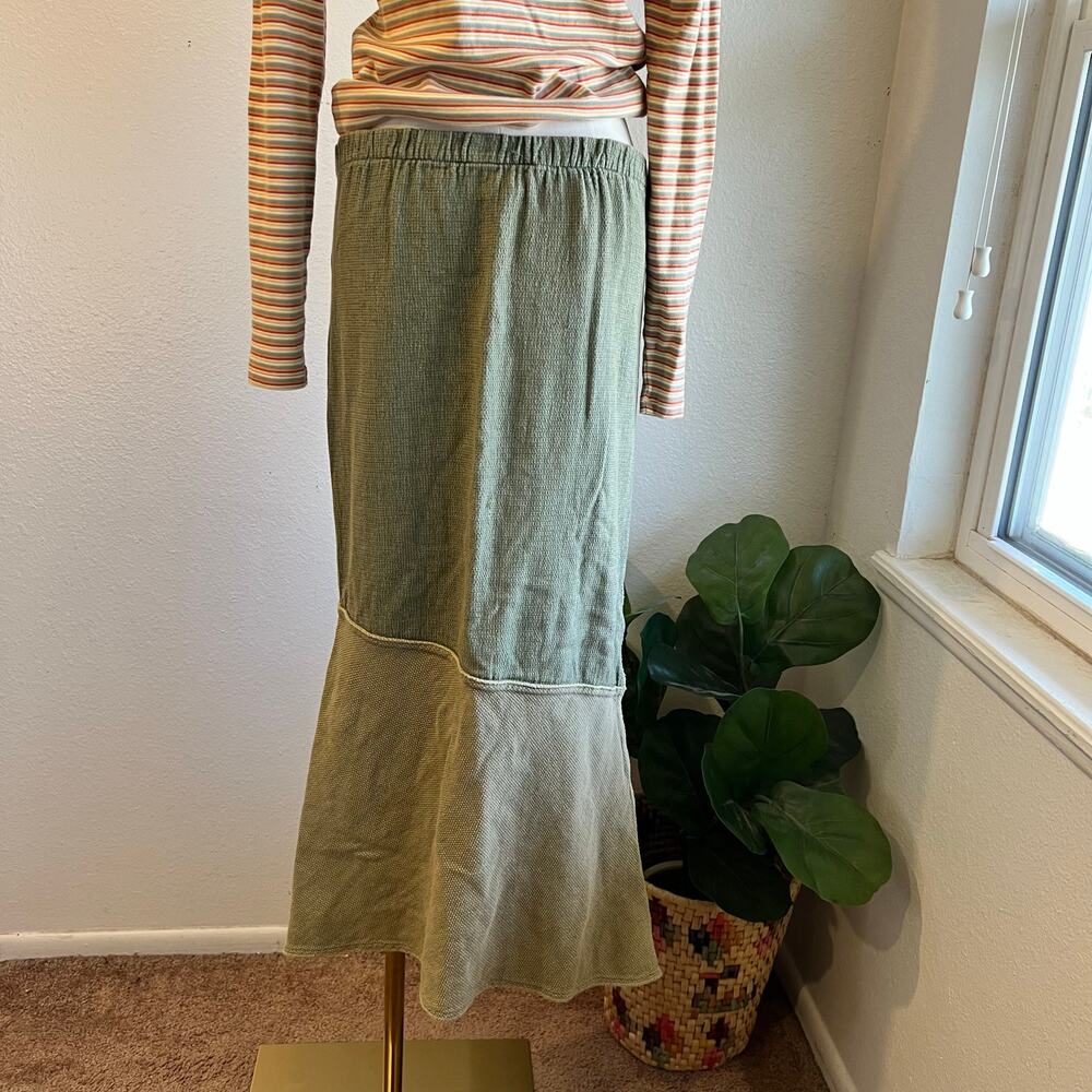 90s Green Tribe 100% Cotton Waffle Thermal Patchwork Maxi Skirt Size Medium - Picture 3 of 8